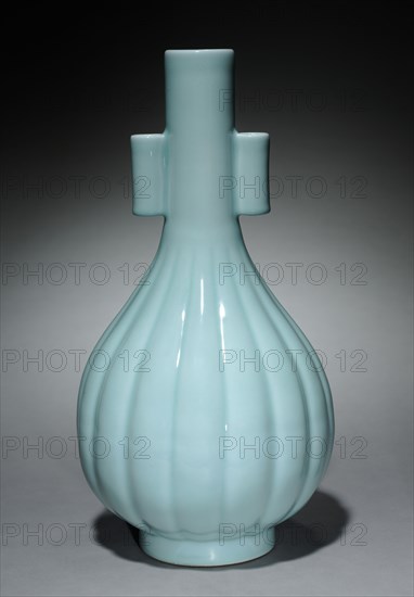 Melon-Shaped Fluted Vase, 1736-1795. China, Jiangxi province, Jingdezhen kilns, Qing dynasty (1644-1912), Qianlong mark and reign (1735-1795). Porcelain with clair-de-lune glaze; diameter: 21.5 cm (8 7/16 in.); overall: 41.4 cm (16 5/16 in.).
