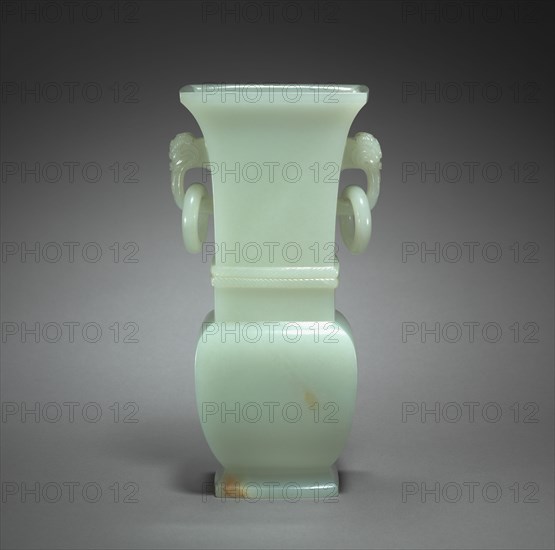 Vase in the Form of Archaic Hu, 1700s. China, Qing dynasty (1644-1911). Pale greenish-white jade with brown markings; overall: 14.4 cm (5 11/16 in.).