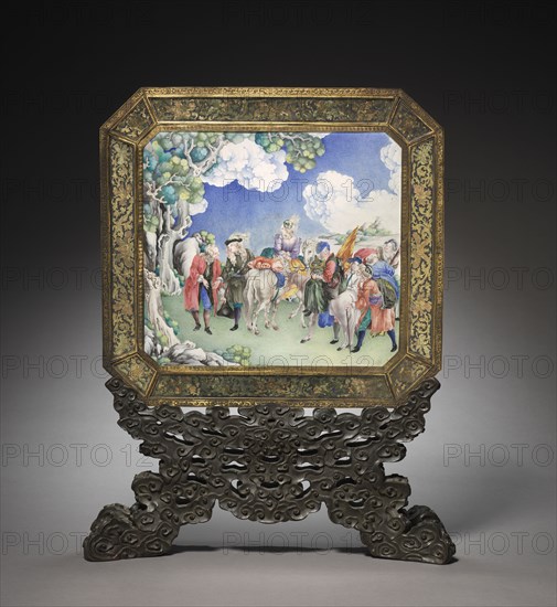 Screen with European Figures (obverse) and Landscape (reverse) with Stand, 1736-1795. China, Beijing palace workshops, Qing Dynasty (1644-1911), Qianlong reign (1736-1795). Painted enamel, glass painting, and cast-iron stand; painting only: 35.7 x 32.4 cm (14 1/16 x 12 3/4 in.); height with stand: 65.8 cm (25 7/8 in.); screen only: 44.3 x 47.6 x 1.5 cm (17 7/16 x 18 3/4 x 9/16 in.).