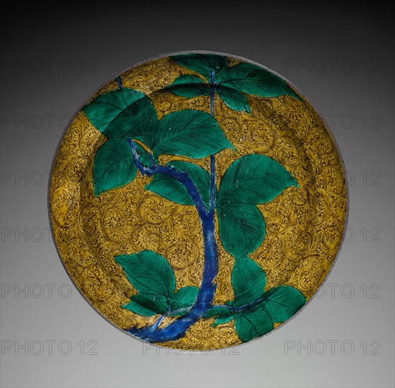 Large Dish with Persimmon Branch, mid- to late 1600s. Japan, Edo period (1615-1868). Porcelain with underglaze black and overglaze enamel (Hizen ware, Ko-Kutani style); diameter: 33.4 cm (13 1/8 in.); overall: 6.2 cm (2 7/16 in.).