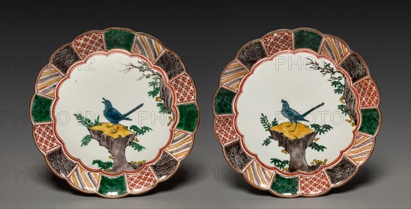 Pair of Dishes with Singing Bird on a Rock: In Ko Kutani Style, 18th century. Japan, Edo Period (1615-1868). Porcelain with underglaze blue and overglaze enamel decoration; diameter: 20.8 cm (8 3/16 in.); overall: 3.3 cm (1 5/16 in.).