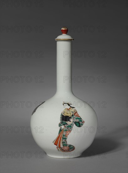 Sake Bottle with Three Figures: Arita Ware, Ko Imari Type, late 1700s. Japan, Edo Period (1615-1868). Porcelain with overglaze enamel and gold decoration; diameter: 14.3 cm (5 5/8 in.); with cover: 27.2 cm (10 11/16 in.); without cover: 24.2 cm (9 1/2 in.).