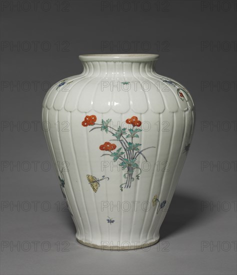 Vase with Floral, Insect, Bird, and Chinese Designs: Kakiemon Type, late 17th century. Japan, Edo Period (1615-1868). Porcelain with overglaze enamel, gilding and carved decoration; diameter: 22 cm (8 11/16 in.); overall: 27.1 cm (10 11/16 in.).