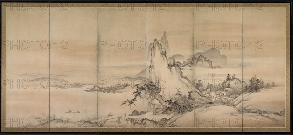 Chinese Landscape, 1500s. Japan, Muromachi period (1392-1573). One of a pair of six-fold screens; ink and slight color on paper; image: 155.5 x 357.8 cm (61 1/4 x 140 7/8 in.); overall: 171.5 x 373.4 cm (67 1/2 x 147 in.); closed: 171.5 x 63.5 x 11 cm (67 1/2 x 25 x 4 5/16 in.).