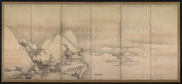 Chinese Landscape, 1500s. Japan, Muromachi period (1392-1573). One of a pair of six-fold screens; ink and slight color on paper; image: 155.5 x 357.8 cm (61 1/4 x 140 7/8 in.); overall: 171.5 x 373.4 cm (67 1/2 x 147 in.); closed: 171.5 x 63.5 x 11 cm (67 1/2 x 25 x 4 5/16 in.).