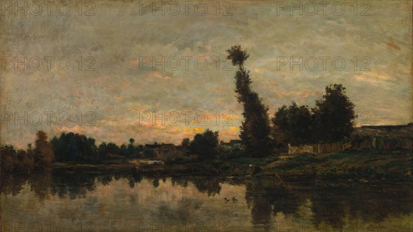 Sunset on the River Oise, 1866. Charles François Daubigny (French, 1817-1878). Oil on wood panel; framed: 56.2 x 85.1 x 9 cm (22 1/8 x 33 1/2 x 3 9/16 in.); unframed: 40.1 x 69.1 cm (15 13/16 x 27 3/16 in.)