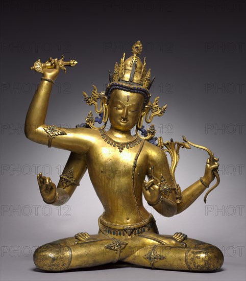Bodhisattva of Wisdom (Manjushri), 1400s. Nepal, 15th century. Gilt bronze; overall: 78.1 x 67.6 cm (30 3/4 x 26 5/8 in.).