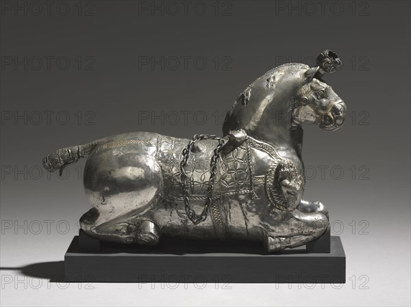 Horse-Shaped Drinking Vessel, 200-325. Iran, Sasanian, 3rd-4th Century. Silver, partially gilt; overall: 12 x 10.8 x 32.7 cm (4 3/4 x 4 1/4 x 12 7/8 in.).