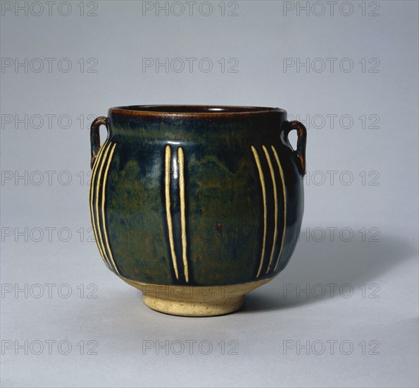 Jar with Handles: Cizhou ware, 12th-13th Century. China, Henan or Hebei province, Jin dynasty (1115-1234). Glazed buff stoneware with underglaze iron slip coating; diameter: 12.5 cm (4 15/16 in.); overall: 11.5 cm (4 1/2 in.).