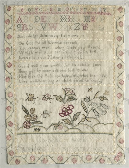Sampler, February 17, 1755. Alles Corbett. Wool scrim, silk cross and satin stitches, eyelet and petite point; overall: 40 x 30.2 cm (15 3/4 x 11 7/8 in.).