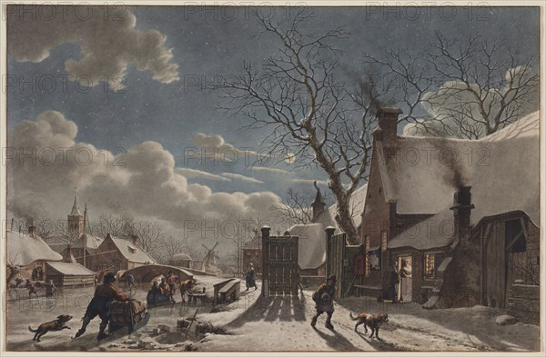 Winter Night in a Dutch Town, 1797. Jacob Cats (Dutch, 1741-1799). Watercolor heightened with white gouache; framing lines in brown wash; sheet: 30.9 x 47.5 cm (12 3/16 x 18 11/16 in.).