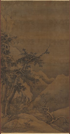 Birds in a Grove in a Mountainous Winter Landscape, 1100s. Possibly by Gao Tao (Chinese, 1100s). Hanging scroll, ink and slight color on silk; overall: 174.9 x 90.2 cm (68 7/8 x 35 1/2 in.).