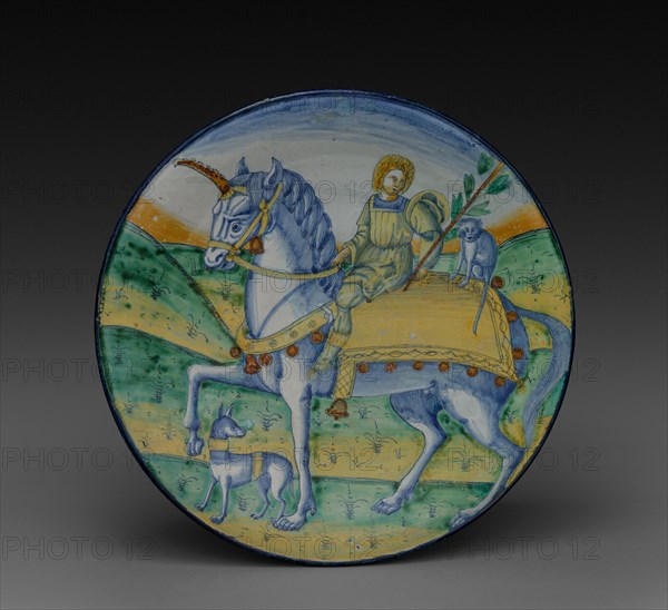 Plate: Man Riding a Unicorn, c. 1510. Circle of Jacopo Caffagiolo (Italian). Tin-glazed earthenware (maiolica); diameter: 32.1 cm (12 5/8 in.).