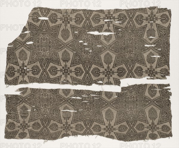 Fragments with Eight-Pointed Star (Two Pieces), 1100s. Iran ?, 12th century. Compound twill weave, silk; overall: 70.2 x 54.6 cm (27 5/8 x 21 1/2 in.)