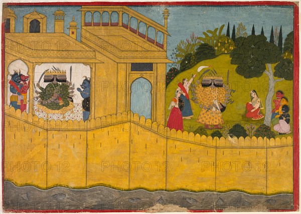 Sita in the Garden of Lanka, From the Ramayana epic of Valmiki, c. 1725. India, Pahari, Guler, 18th century. Color and gold on paper; image: 55.5 x 79 cm (21 7/8 x 31 1/8 in.); overall: 56.3 x 81 cm (22 3/16 x 31 7/8 in.).