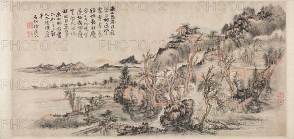Spring Landscape, 2nd half 17th Century. Kuncan (Chinese, 1612-c. 1673). Double album leaf mounted as a handscroll, ink and color on paper; overall: 31.8 x 64.5 cm (12 1/2 x 25 3/8 in.).