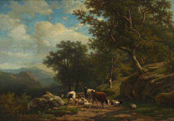Landscape with a Peasant and His Flock, c. 1850 - 1859. Alexander Joseph Daiwaille (Dutch, 1818-1888), and Eugène Joseph Verboeckhoven (Belgian, 1798-1881). Oil on fabric; unframed: 55.2 x 78.7 cm (21 3/4 x 31 in.)