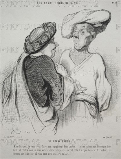 published in le Charivari (no du 9 novembre 1844): The Beautiful Days of Life, plate 30: An Indian Custom, 1844. Honoré Daumier (French, 1808-1879), Aubert. Lithograph; sheet: 31.8 x 22.9 cm (12 1/2 x 9 in.)
