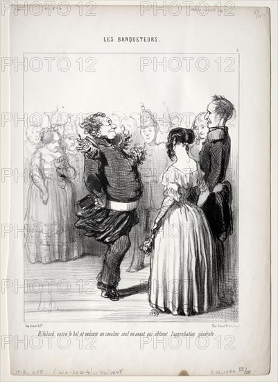 published in le Charivari (21 November 1848): The Banqueters, plate 5: Rifolard opens the ball, 1848. Honoré Daumier (French, 1808-1879). Lithograph; sheet: 35.8 x 25.6 cm (14 1/8 x 10 1/16 in.); image: 26 x 20.8 cm (10 1/4 x 8 3/16 in.)