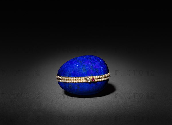 Lapis Lazuli Easter Egg, late 1800s - early 1900s. Firm of Peter Carl Fabergé (Russian, 1846-1920). Gold, enamel, lapis lazuli, pearls, diamonds, rubies; overall: 5.9 x 4.5 cm (2 5/16 x 1 3/4 in.).