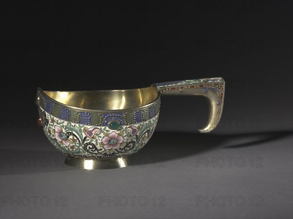 Kovsh (Wine Vessel), 1896-1906. Fedor I. Rückert (Russian, 1840-1917). Silver gilt, enamel, cabochon gems, chrysoprases, carnelians; overall: 8.6 x 20.5 x 13.2 cm (3 3/8 x 8 1/16 x 5 3/16 in.).