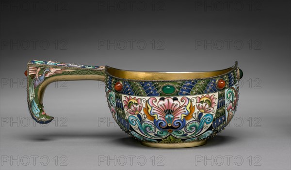 Kovsh (Wine Vessel), 1896-1906. Fedor I. Rückert (Russian, 1840-1917). Silver gilt, enamel, cabochon gems, chrysoprases, carnelians; overall: 8.3 x 20.4 x 12.7 cm (3 1/4 x 8 1/16 x 5 in.).