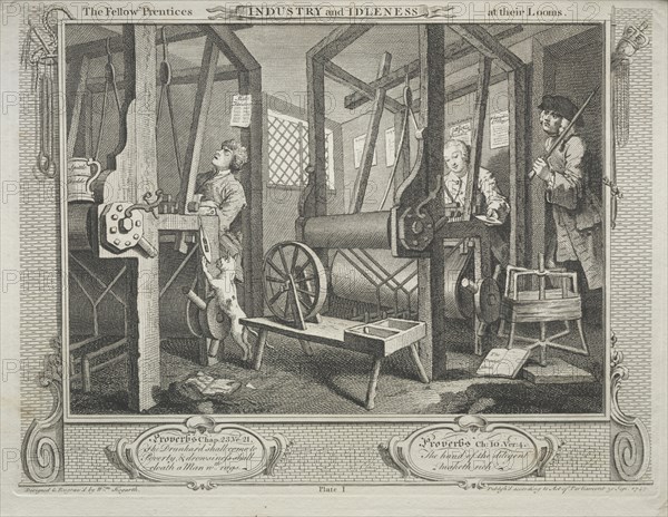 Industry and Idleness: The Fellow Prentices at their Looms, 1747. William Hogarth (British, 1697-1764). Etching