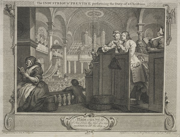 Industry and Idleness: The Industrious Prentice Performing the Duty of a Christian, 1747. William Hogarth (British, 1697-1764). Etching
