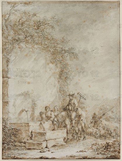 Frontispiece for an Album of Drawings: Peasants at a Fountain, 1784. Dirk Langendijk (Dutch, 1748-1805). Pen and black ink and brush and brown and gray wash over graphite; framing lines in black ink; sheet: 39.4 x 29.8 cm (15 1/2 x 11 3/4 in.).