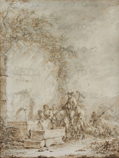 Frontispiece for an Album of Drawings: Peasants at a Fountain (recto) Sketch of Peasants at a Fountain (verso), 1784. Dirk Langendijk (Dutch, 1748-1805). Pen and black ink and brush and brown and gray wash over graphite; framing lines in black ink; sheet: 39.4 x 29.8 cm (15 1/2 x 11 3/4 in.).