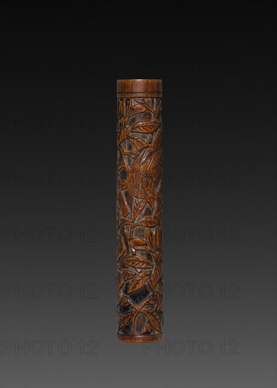 Brush with Carved Designs (brush cap), 1573-1619. China, Ming dynasty (1368-1644), Wanli mark and reign (1573-1619). Carved bamboo; overall: 24.2 cm (9 1/2 in.); handle: 21 cm (8 1/4 in.); top: 16.8 cm (6 5/8 in.).