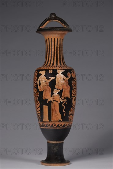 Bail Amphora, 330-320 BC. CA Painter (Greek). Red-figure terracotta; diameter: 12.2 cm (4 13/16 in.); overall: 54.6 cm (21 1/2 in.).