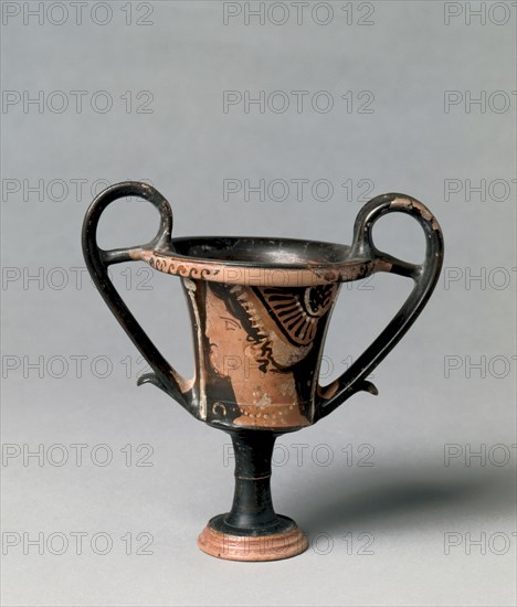 Kantharos, 330-320 BC. South Italy, Apulia, 4th Century BC. Red-figure terracotta; diameter: 11.5 cm (4 1/2 in.); overall: 17.8 cm (7 in.).