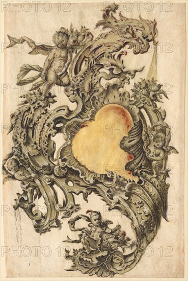 Cartouche with Putti, second half 1700s. Franz Xaver Habermann (German). Pen and black ink and brush and gray, black, green, yellow, and red wash, heightened with white gouache; sheet: 38.7 x 25.8 cm (15 1/4 x 10 3/16 in.); secondary support: 46.6 x 35.5 cm (18 3/8 x 14 in.).