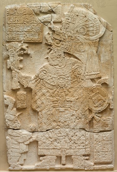 Front Face of a Stela (Free-standing Stone with Relief), 692. Mesoamerica, Guatemala, Department of the Petén, El Perú (also known as Waka'), Maya people (AD 250-900), Classic Period (AD 200-1000). Limestone; overall: 274.4 x 182.3 cm (108 1/16 x 71 3/4 in.).