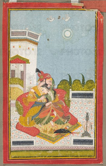 Lovers Embracing (Raga Malkaus), c. 1760. India, Rajasthan, Bundi, 18th century. Ink and color on paper; image: 26 x 15 cm (10 1/4 x 5 7/8 in.); overall: 28.7 x 17.9 cm (11 5/16 x 7 1/16 in.).