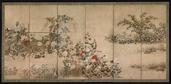 Flowers of the Four Seasons, mid-1600s. Kitagawa Sosetsu (Japanese, active 1639-50). Pair of six-fold screens; ink and color on paper; image: 153.7 x 329.2 cm (60 1/2 x 129 5/8 in.).