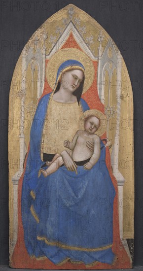 Madonna and Child Enthroned, c. 1350. Master of San Lucchese (Italian, c. 1335-1380). Tempera and gold on poplar panel; framed: 122.5 x 61 x 7.5 cm (48 1/4 x 24 x 2 15/16 in.); unframed: 113.7 x 54 cm (44 3/4 x 21 1/4 in.).