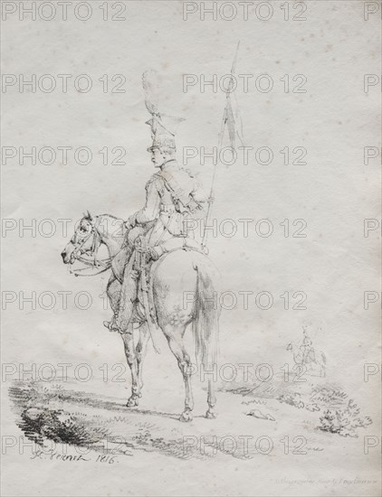 Receuil d'essais lithographiques:  Le Lancier en Vedette, 1816. Horace Vernet (French, 1789-1863). Lithograph; image: 23.5 x 20.6 cm (9 1/4 x 8 1/8 in.); overall: 31 x 24.2 cm (12 3/16 x 9 1/2 in.)