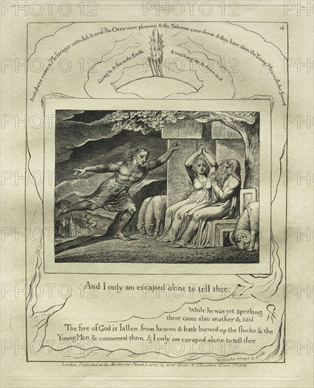 The Book of Job:  Pl. 4, And I only am escaped alone to tell thee, 1825. William Blake (British, 1757-1827). Engraving