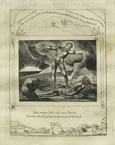 The Book of Job:  Pl. 6, And smote Job with sore Boils / from the sole of his foot to the crown of his head, 1825. William Blake (British, 1757-1827). Engraving