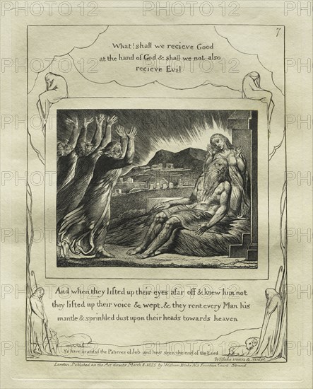 The Book of Job:  Pl. 7, And when they lifted up their eyes afar off and knew him not / they lifted up their voices and wept, 1825. William Blake (British, 1757-1827). Engraving