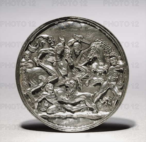 Lion Hunt, 1581 or later. Follower of Moderno (Italian, 1467-1528). Silver; diameter: 6.6 cm (2 5/8 in.)