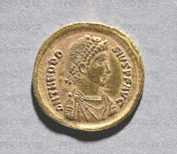 Solidus of Theodosius I the Great (obverse), 383-388. Byzantium, Constantinople, Byzantine period, 4th century. Gold; diameter: 2.1 cm (13/16 in.)