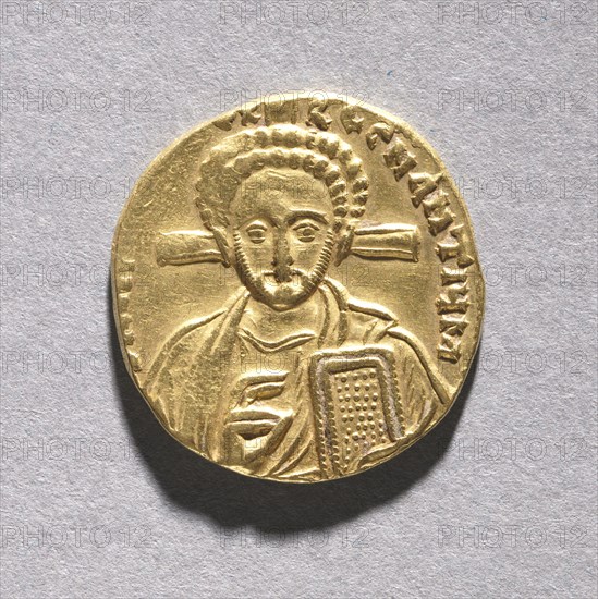 Solidus with Justinian II Rhinometus and His Son Tiberius (obverse), 705-711. Byzantium, 8th century. Gold; diameter: 2 cm (13/16 in.).