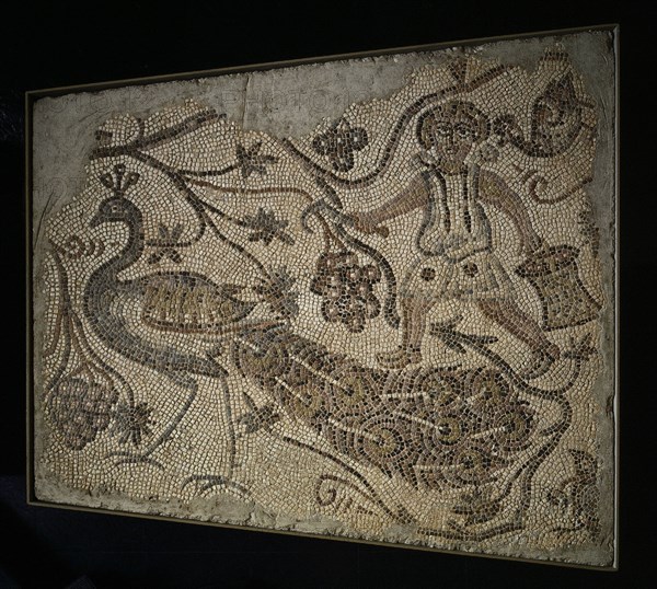Floor Mosaic Panel: Grape Harvester with Peacock, 400s. Byzantium, Northern Syria, Byzantine period, 5th century. Marble tesserae; overall: 133.5 x 144.8 cm (52 9/16 x 57 in.)