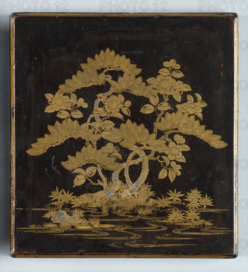 Writing Box (Suzuribako) with Design of Pine, Camellia and Bamboo (lid), 1400s. Japan, Muromachi Period (1392-1573). Lacquer on wood with decoration in maki-e; overall: 24.2 x 22.6 cm (9 1/2 x 8 7/8 in.).