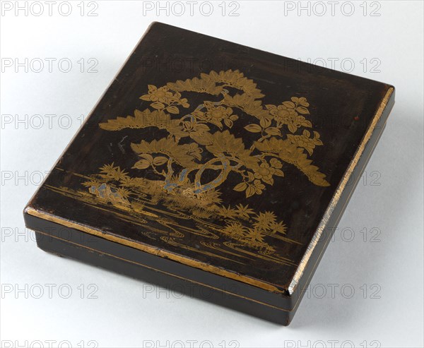 Writing Box (Suzuribako) with Pine, Camellia, and Bamboo, 1400s. Japan, Muromachi Period (1392-1573). Lacquer on wood with decoration in maki-e; overall: 24.2 x 22.6 cm (9 1/2 x 8 7/8 in.).