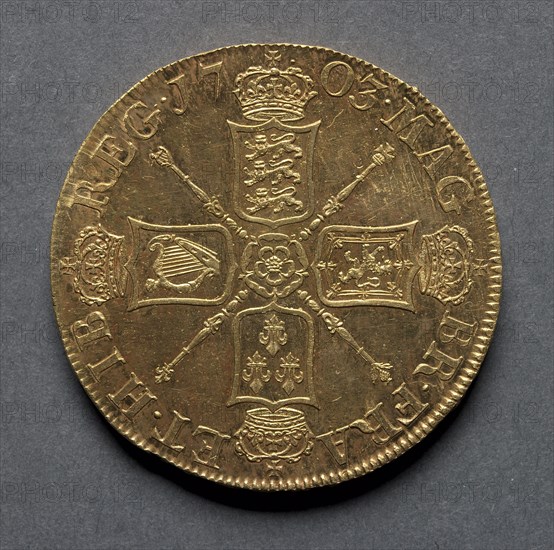 Five Guineas (reverse), 1703. England, Anne, 1702-1714. Gold