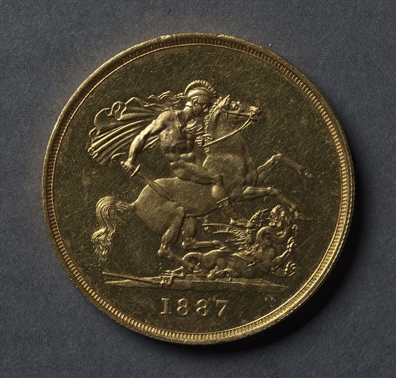 Five Pounds (reverse), 1887. Benedetto Pistrucci (Italian, 1784-1855). Gold